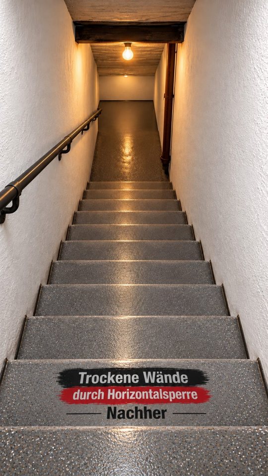 Nachher: dieselbe Kellertreppe mit trockenen, frisch verputzten weißen Wänden
